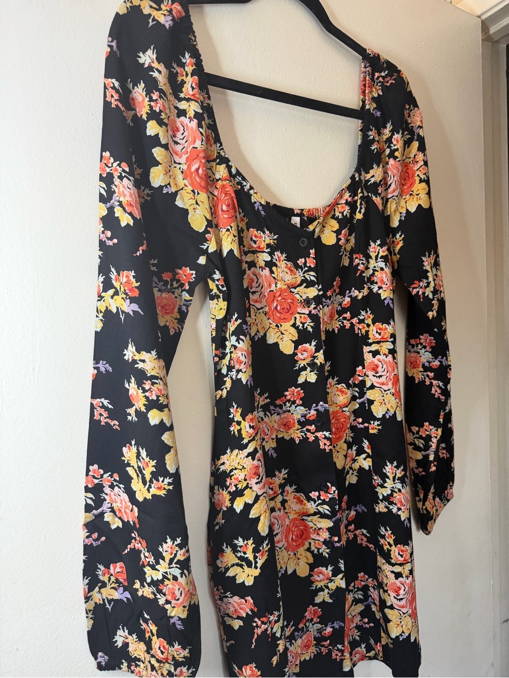 RVCA Floral Mini Dress Small Black Rose Print Button Front Boho Cottagecore - Picture 2 of 7